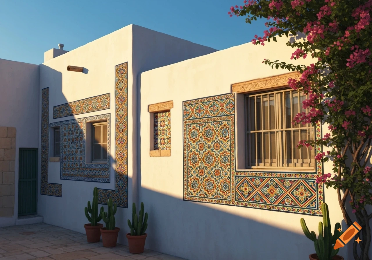 Whitewashed building with intricate colorful tiled patterns, potted cacti, and a blooming bougainvillea vine under a clear sky.