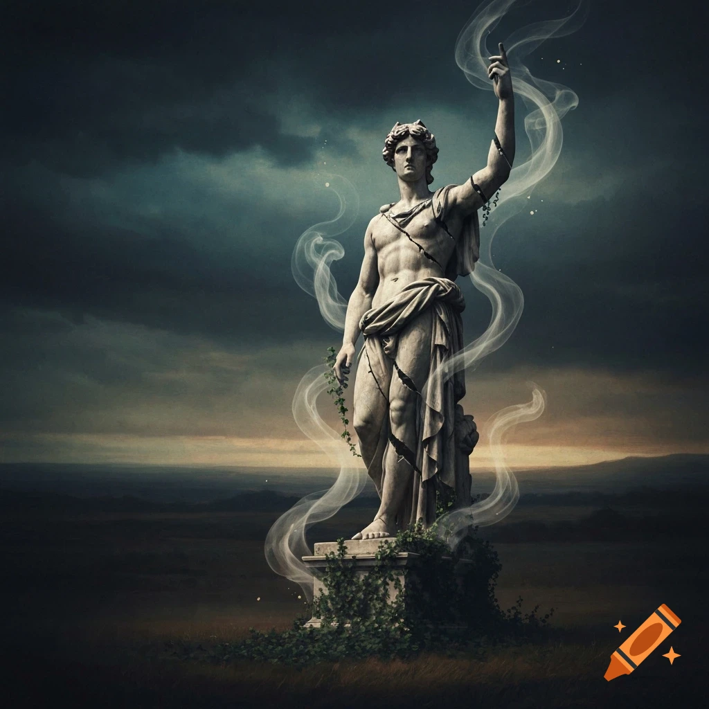 A cracked classical male statue stands on an ivy-covered pedestal in a dark, atmospheric landscape, with mystical smoke swirling around it.