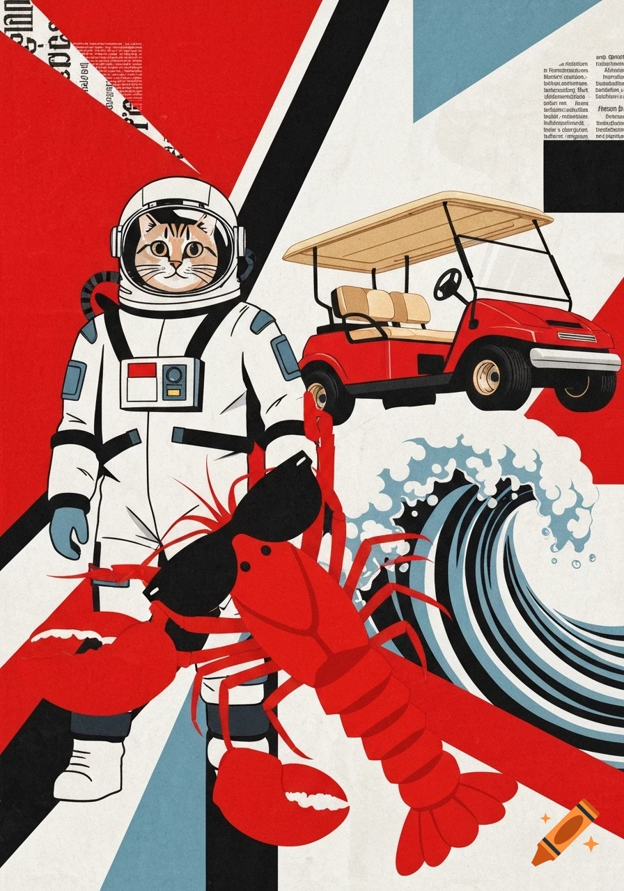 A Russian Constructivist poster collage with a cat-headed astronaut, a red golf cart over a wave, and a lobster wearing sunglasses.