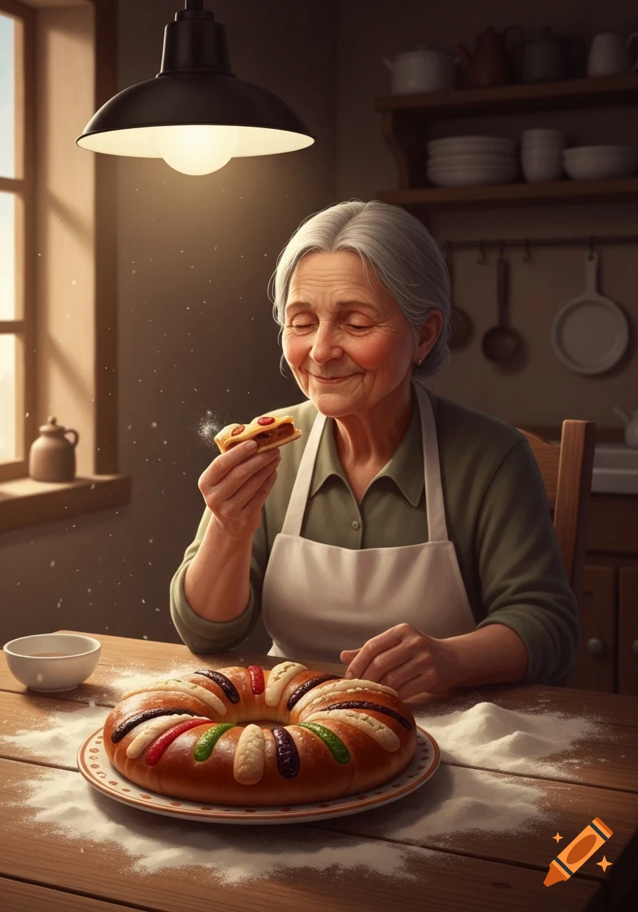 An elderly woman smiles with closed eyes, holding a small pastry, while a large colorful Roscón de Reyes sits on a wooden kitchen table.