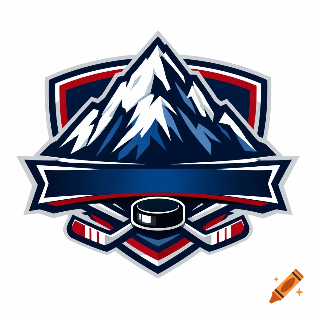 A stylized hockey logo featuring a snow-capped mountain range, a blank banner, crossed hockey sticks, and a puck, all within a shield shape with red, white, and blue accents.