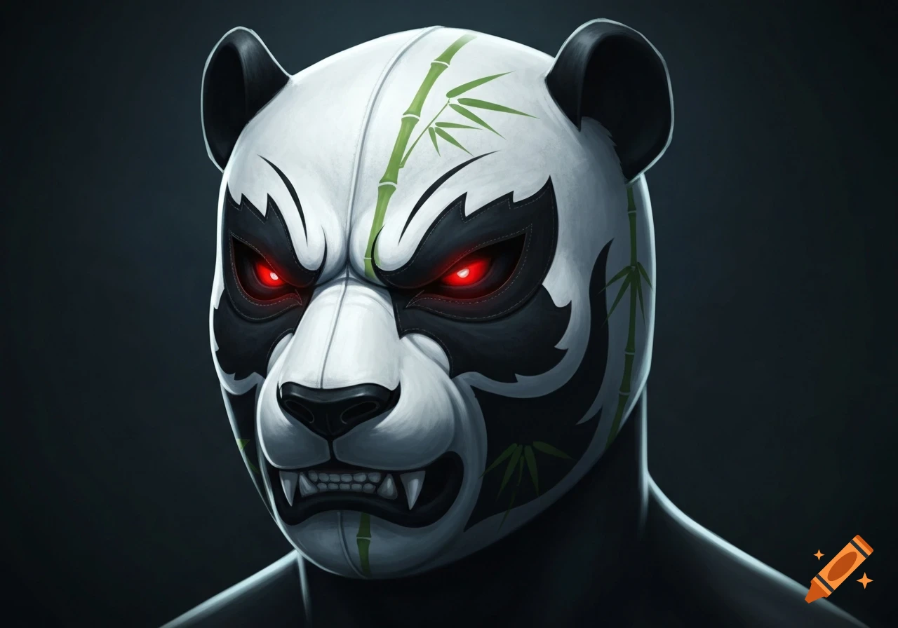 A stylized panda wrestling mask with glowing red eyes, sharp fangs, and green bamboo accents on a dark background.