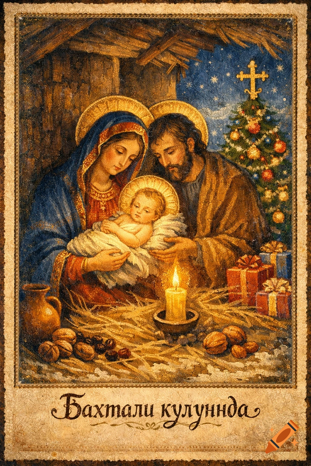 Traditional painting of the Nativity: Mary, Joseph, and baby Jesus with a Christmas tree, gifts, candle, and Cyrillic text 'Бахтали кулунда' below.