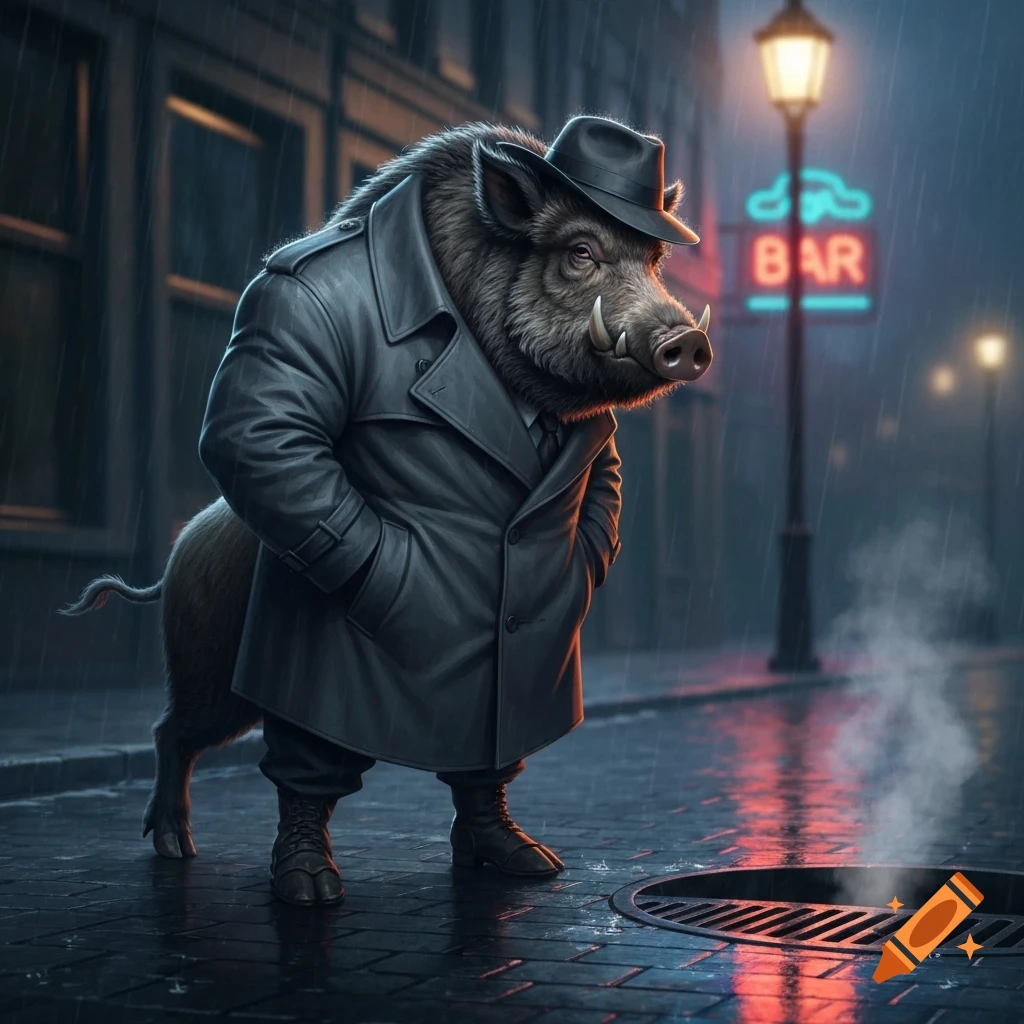 An anthropomorphic wild boar detective in a trench coat and fedora stands on a rainy city street at night, with a neon bar sign.