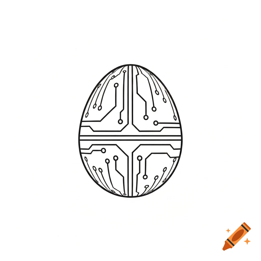 Black and white icon of an egg with an internal circuit board pattern.