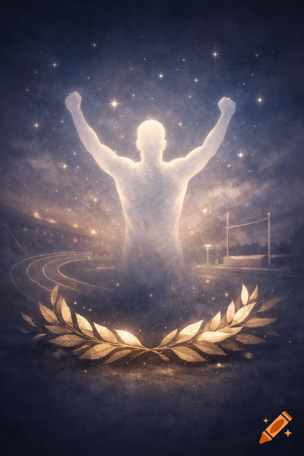 Ethereal glowing athlete silhouette with raised arms, a golden laurel wreath below, set against a dark, starry stadium.