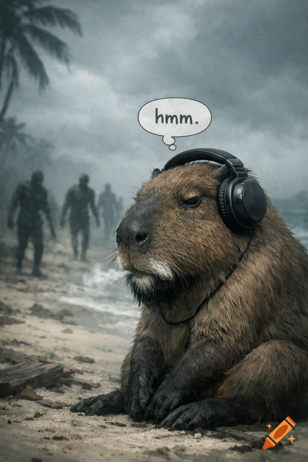 A photorealistic capybara with headphones and a "hmm." speech bubble sits on a stormy beach with blurred zombies in the background.