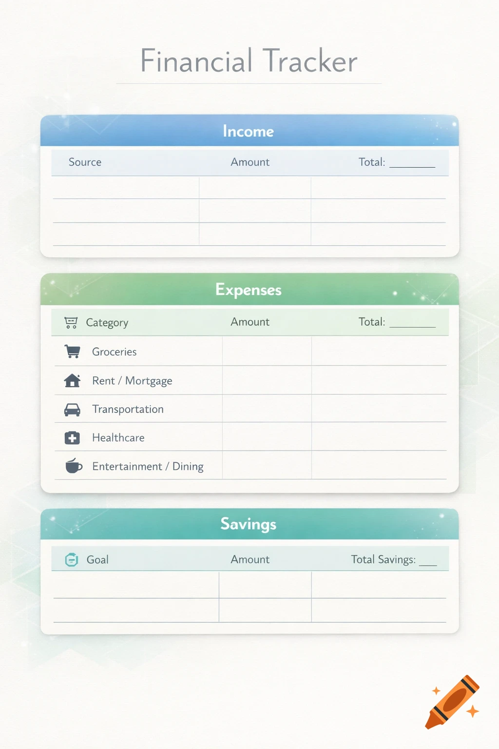 A clean, modern financial tracker template with sections for income, expenses, and savings, featuring subtle background patterns.