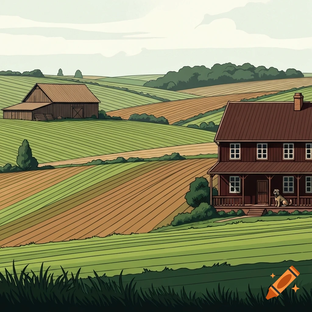 A drawing of a rural European landscape with green and brown fields, a barn, and a dark red house with a shaggy dog on its porch.