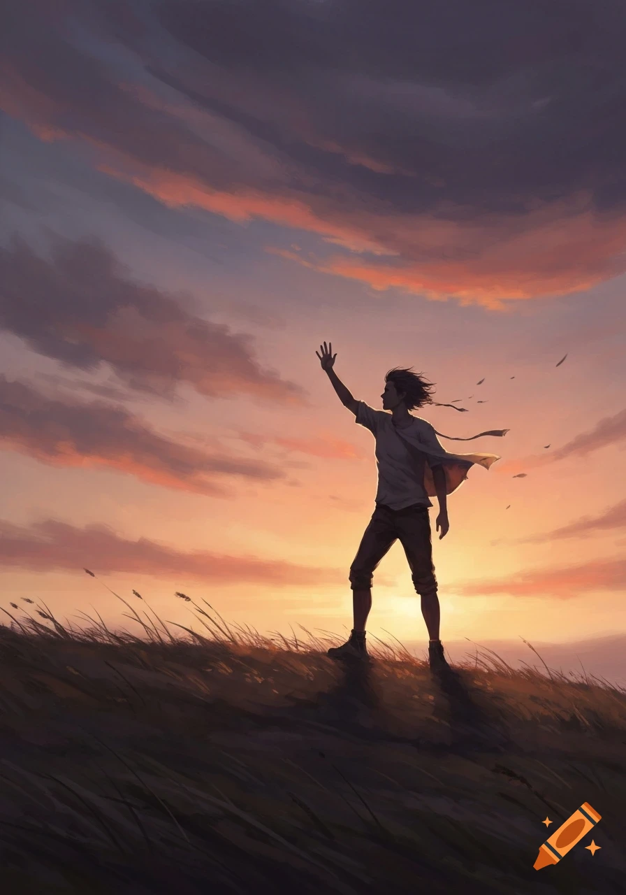 Digital painting of a lone person on a grassy hill, silhouetted against a vibrant orange and purple sunset sky, waving an arm.