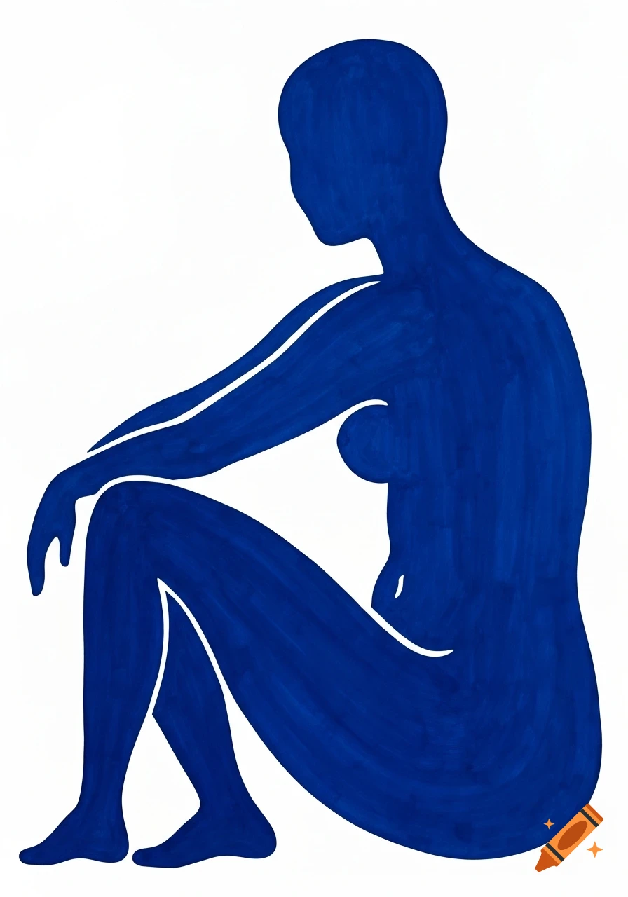 Abstract blue silhouette of a seated human figure against a white background, in a minimalist, Matisse-inspired style.