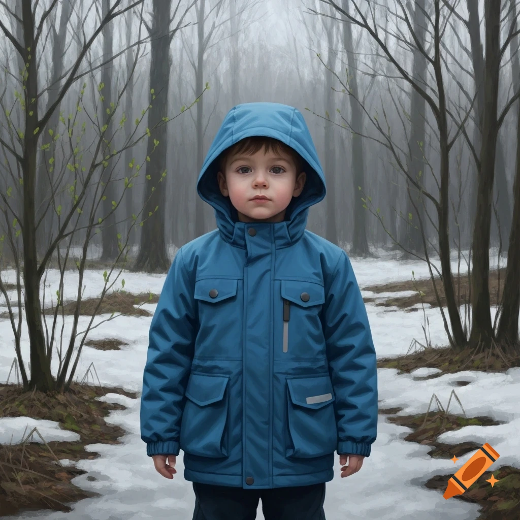 A young boy in a blue hooded jacket stands in a misty, snowy forest with bare trees and new green buds.
