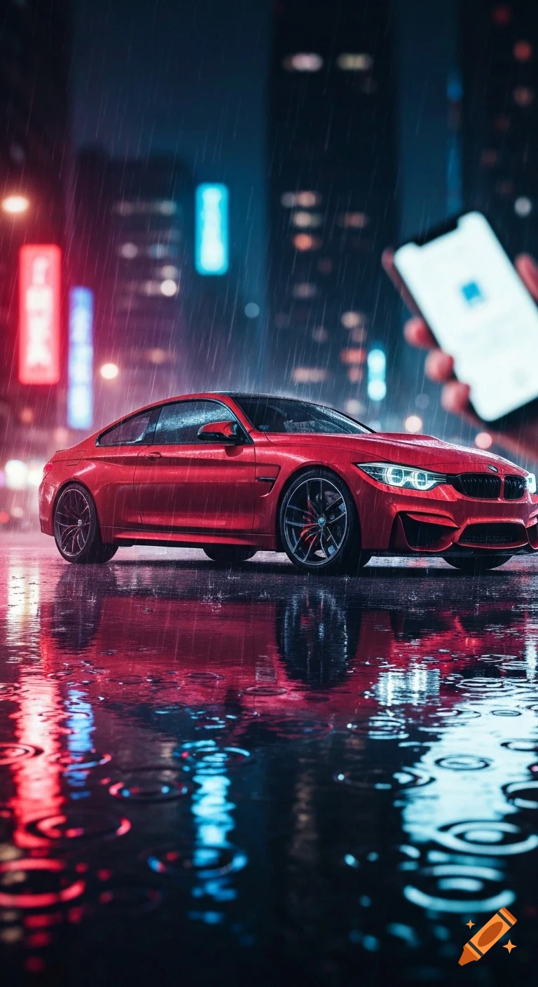 A red BMW M4 on a wet city street at night reflects neon lights. A hand holds a smartphone in the blurred background.