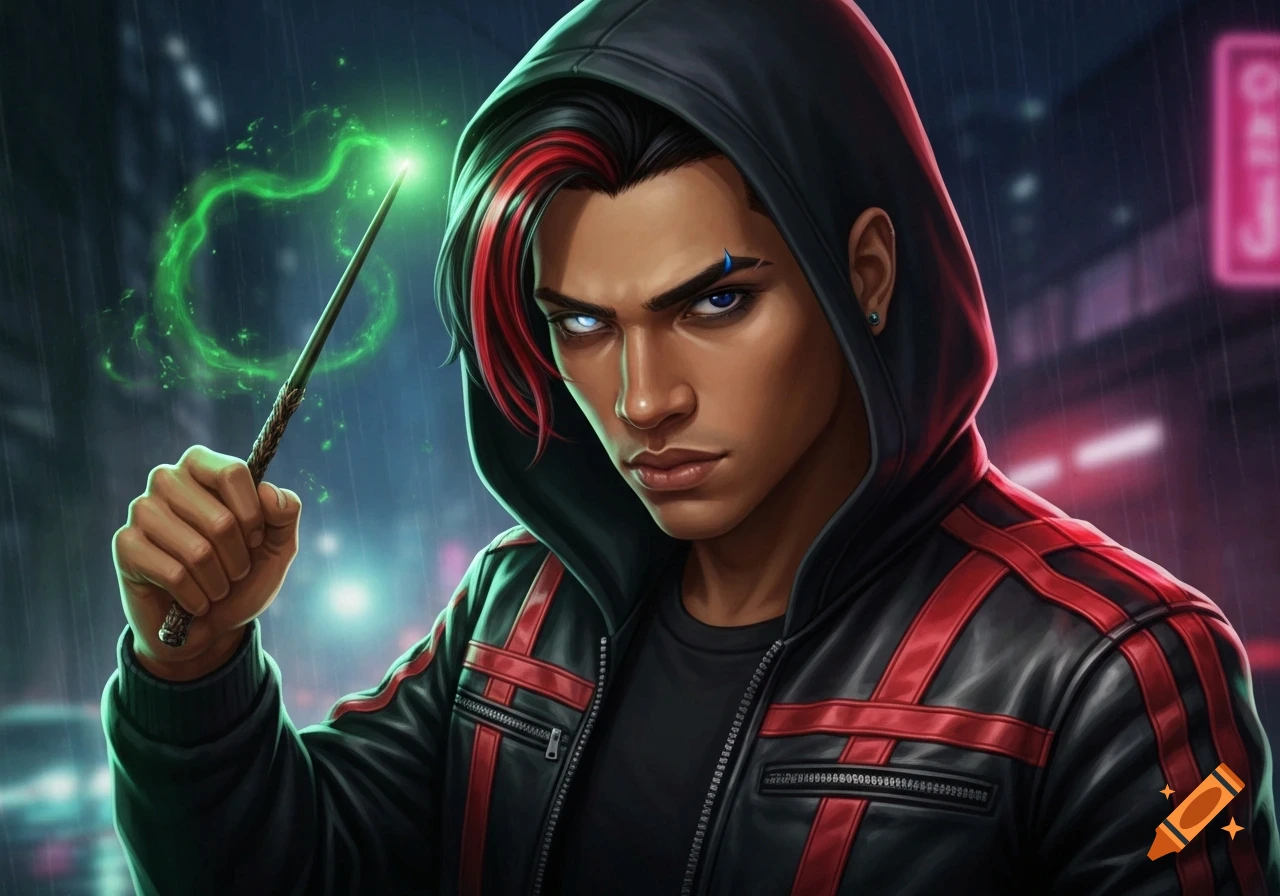 An illustrated caramel-skinned man in a hoodie and leather jacket holds a glowing green wand in a rainy city.