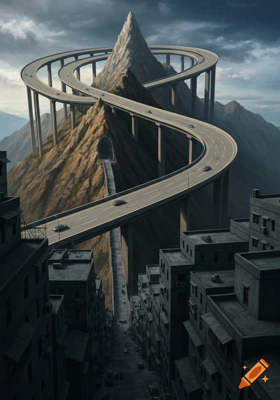 A complex highway winds around a towering, jagged mountain peak, overlooking a densely packed, dark cityscape below under a cloudy sky.