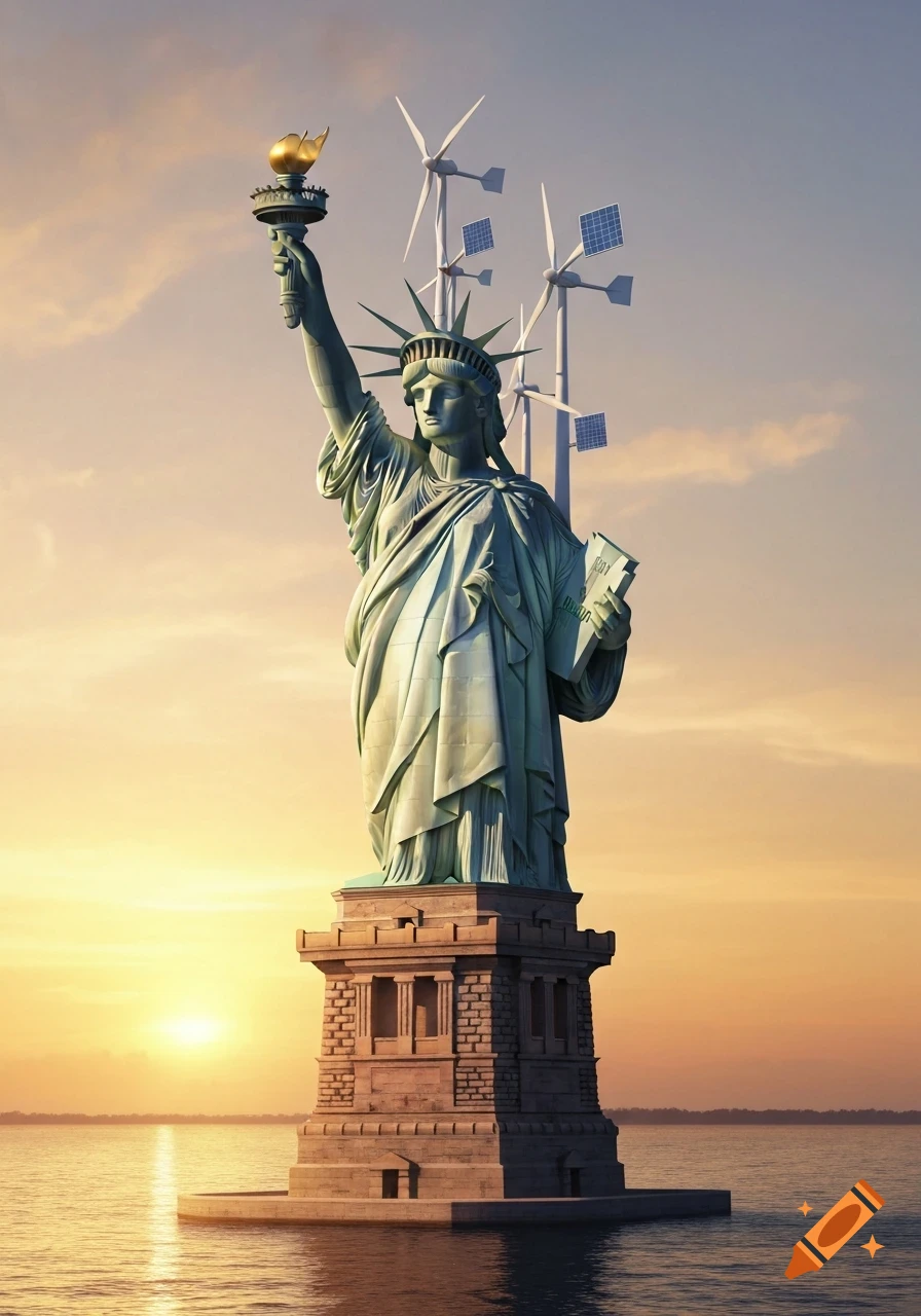 Photorealistic image of the Statue of Liberty in a body of water at sunset, with wind turbines and solar panels behind her head.