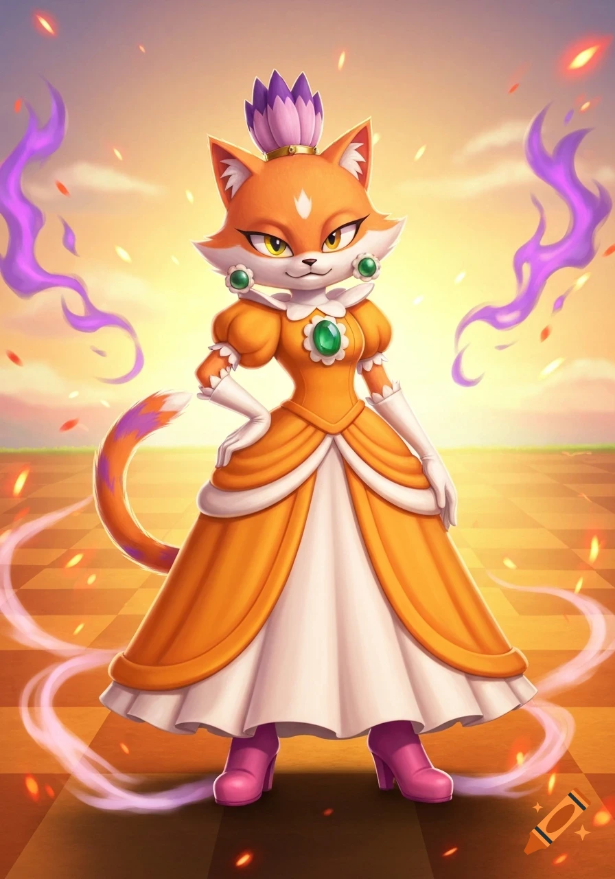 Anthropomorphic orange and white cat character wearing an orange and white princess dress, white gloves, pink boots, and a purple crown, standing on a checkered floor with a sunset sky and purple magic wisps.