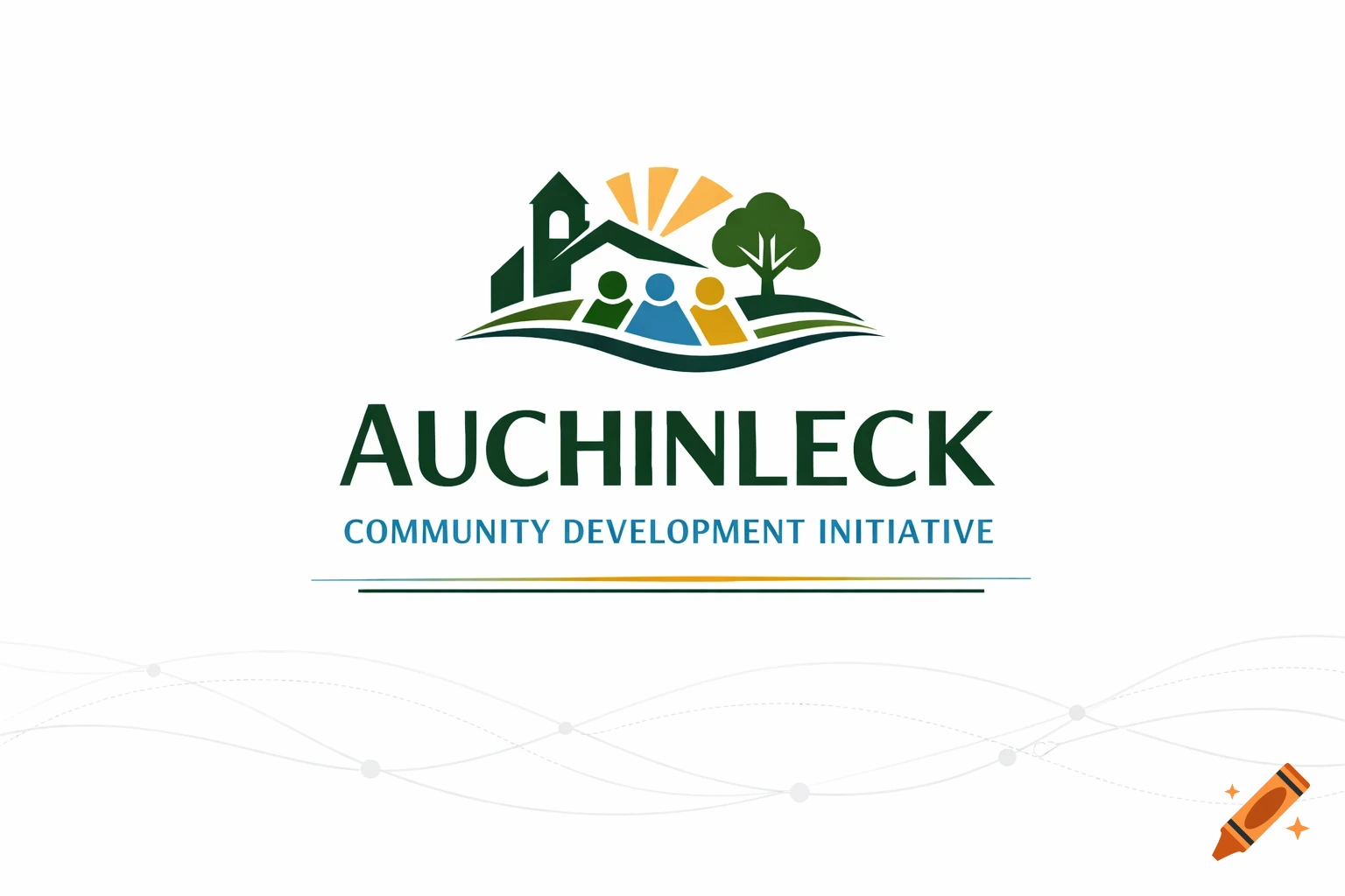 Logo for Auchinleck Community Development Initiative with a stylized house, tree, three figures, and a sun over a green landscape.