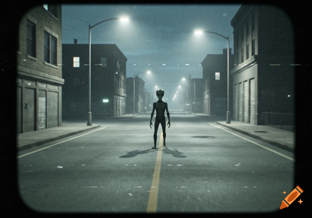 A tall grey alien stands in the middle of a deserted, dimly lit city street at night, captured in grainy surveillance footage.