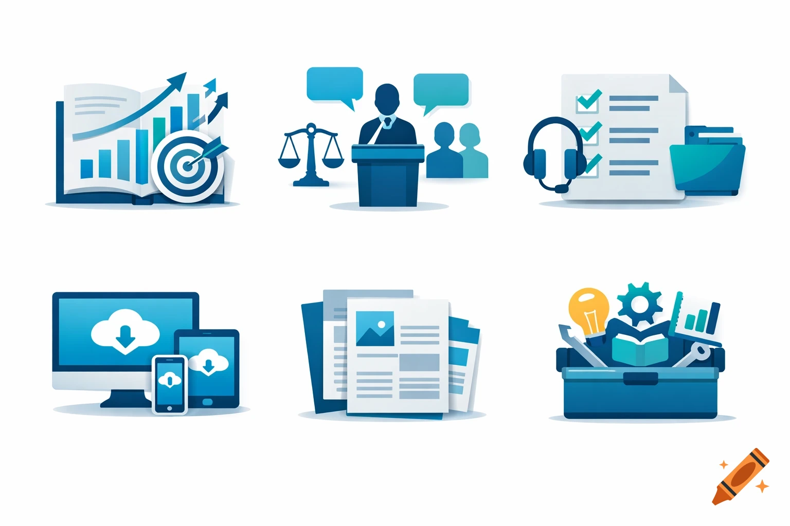 Six flat-design business illustrations: strategic planning, advocacy, claims, digital resources, document templates, and professional tools in blue tones.