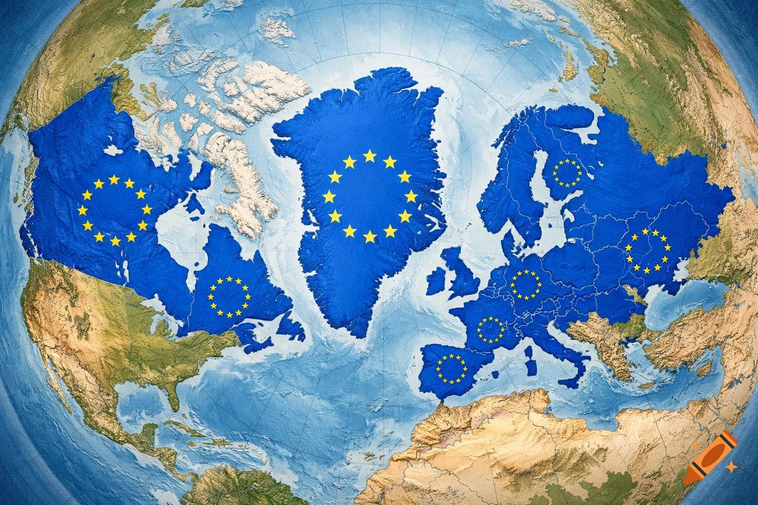 3D relief map of Earth, centered on Greenland, showing Canada, Greenland, and Europe (including Ukraine) in blue with EU stars.