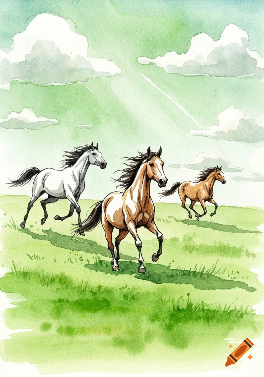 Three horses, one white and two brown, run across a green grassy field under a cloudy sky, in a watercolor illustration.
