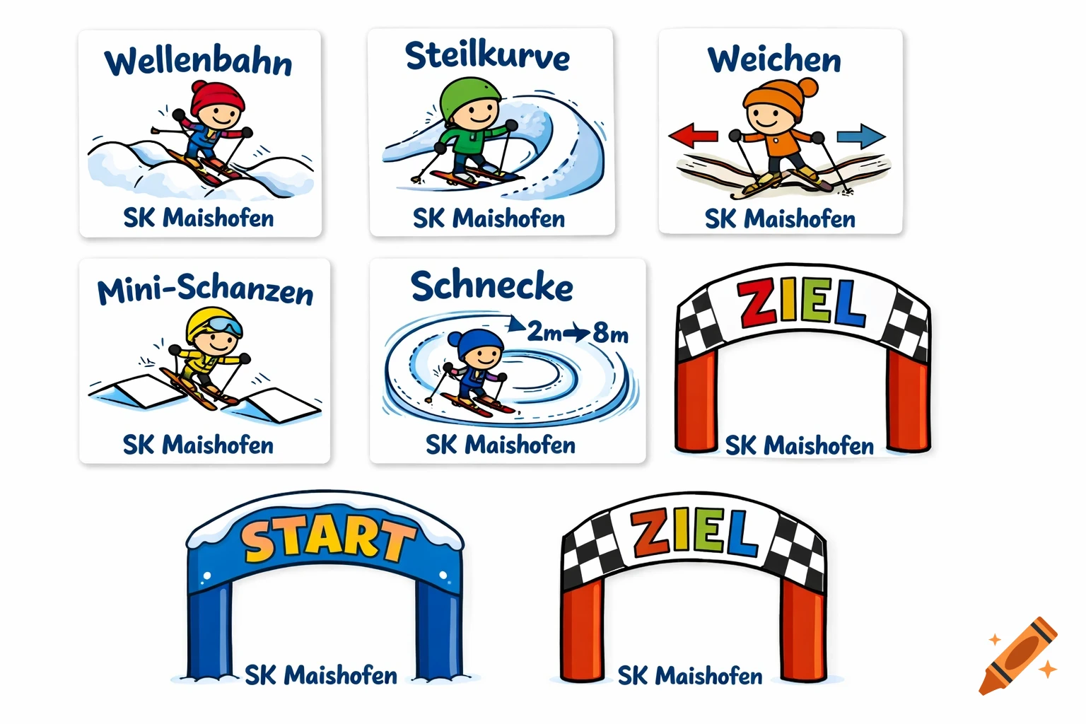 A collection of colorful cartoon signs for a children's ski course, featuring happy skiers and labels like "Wellenbahn", "Steilkurve", "START", and "ZIEL".