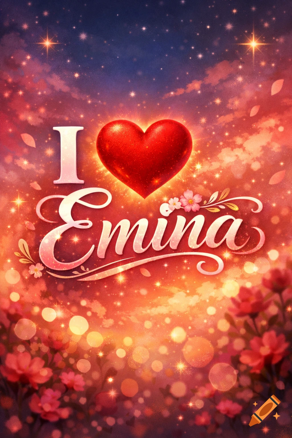 Vibrant image with a red heart and 'I Emina' text in white script, set against a glittering, star-filled sky and pink flowers.