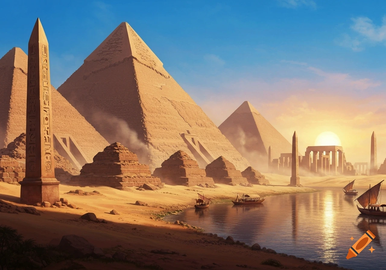 A vibrant sunset over ancient Egyptian pyramids and ruins, with an obelisk and boats on a river.