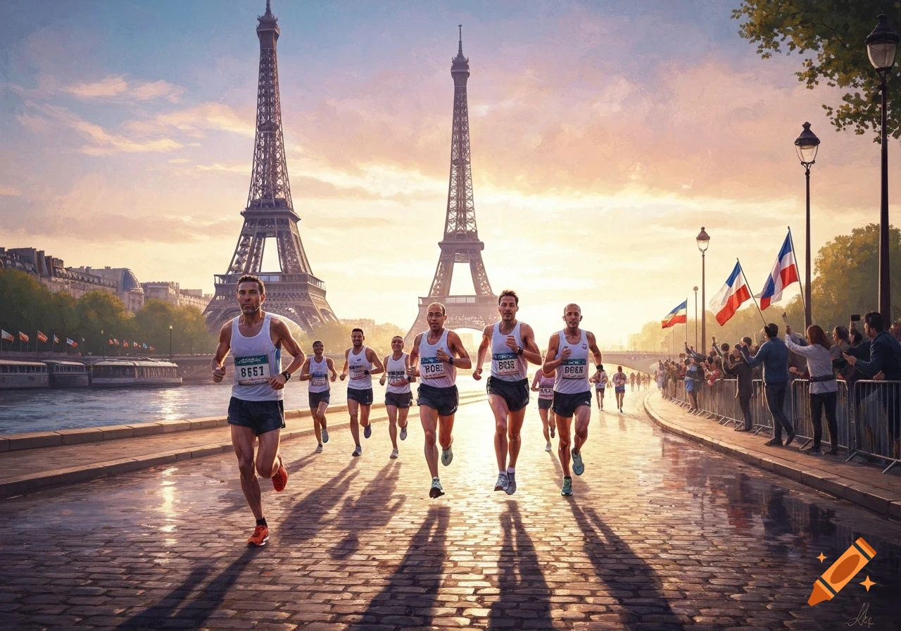 Marathon runners race along a river in Paris with the Eiffel Towers in the background at sunset, in a painterly style.
