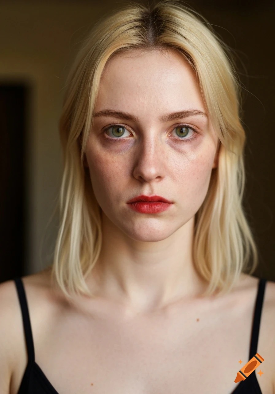 Candid portrait of a young woman with blonde hair and green eyes, wearing a black tank top, looking seriously at the camera.