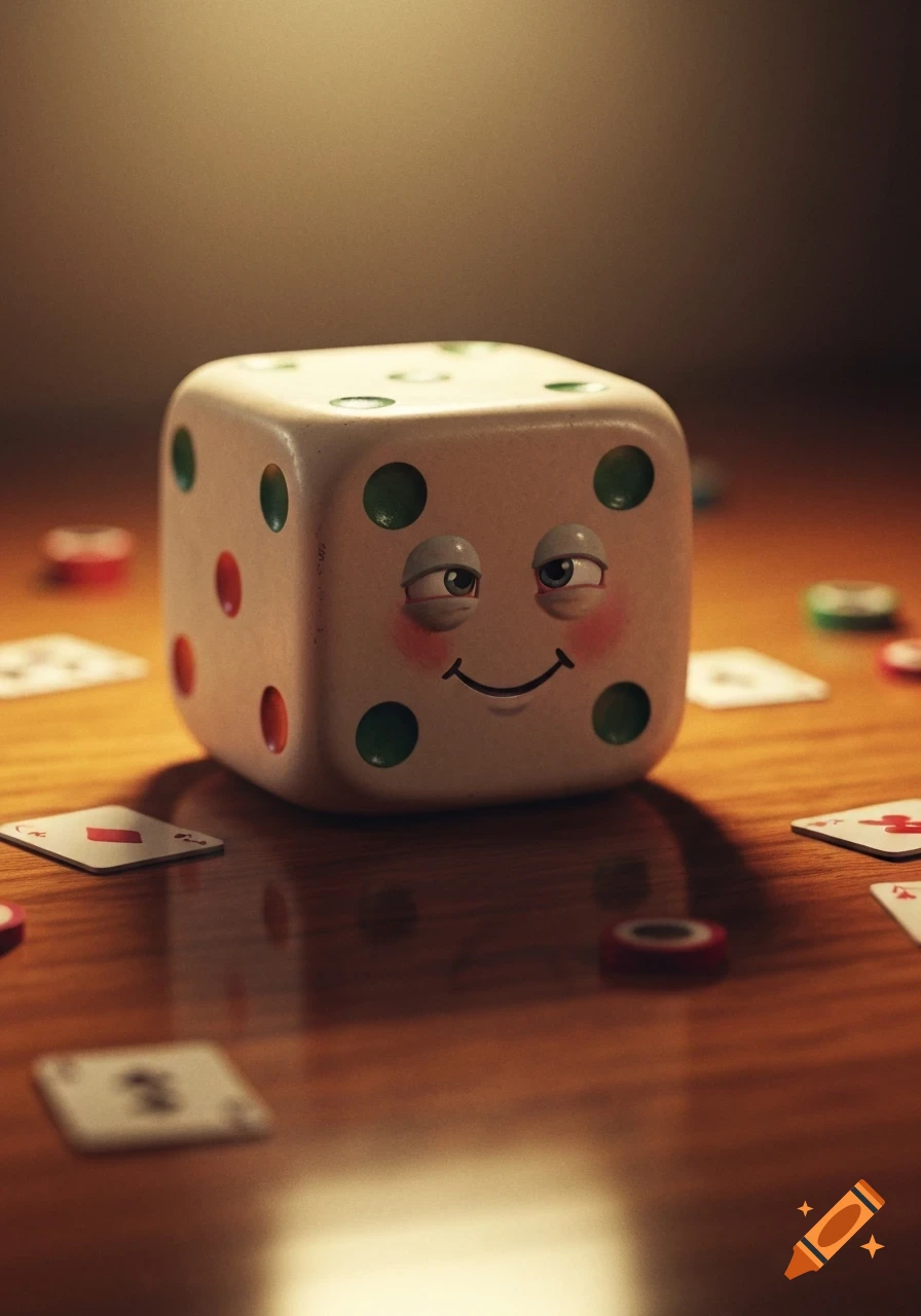 A cartoonish, winking dice with a smiley face sits on a wooden table surrounded by playing cards and poker chips.