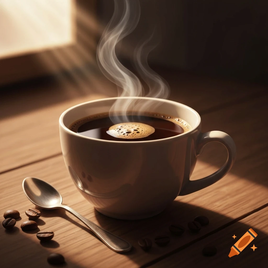 A steaming cup of black coffee with foam on a wooden table, next to a spoon and scattered coffee beans, bathed in sunlight.