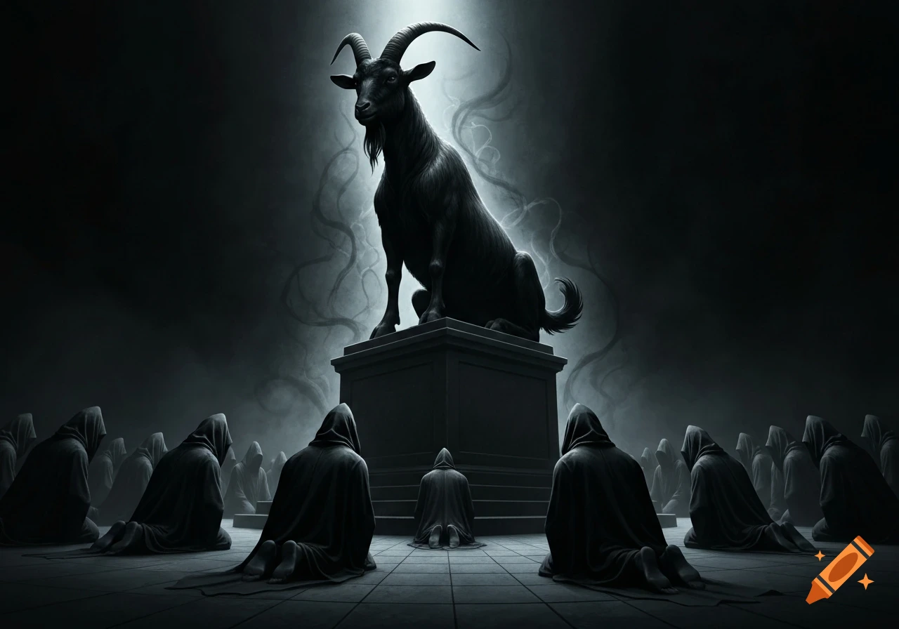 A giant black goat statue on a plinth, with hooded figures kneeling in worship in a dark, shadowy setting.