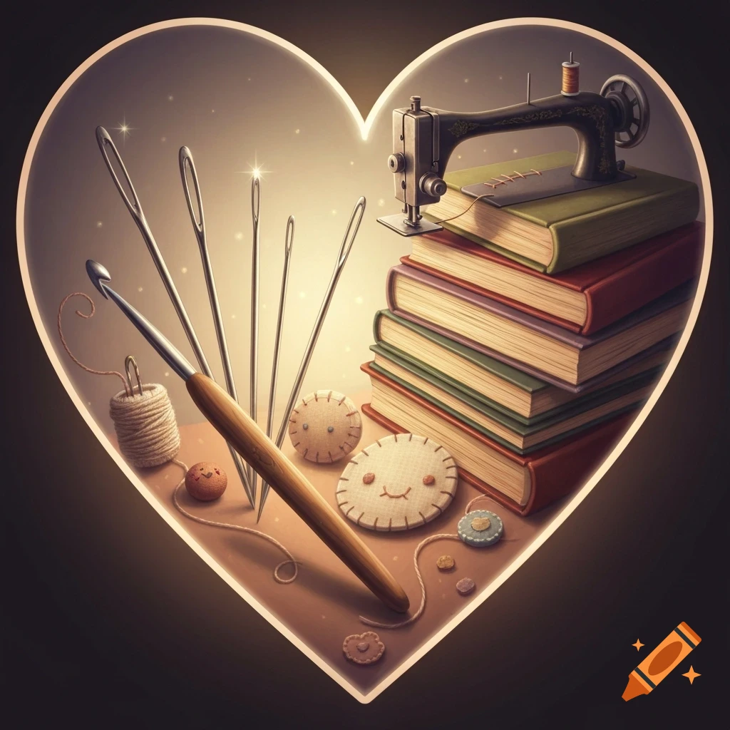 Crafting tools including a crochet hook, sewing needles, a sewing machine on books, yarn, and decorative pincushions are arranged inside a glowing heart outline.