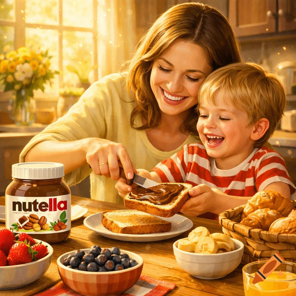 Mother and happy child spreading Nutella on toast at a sunny breakfast table with fruit, bananas, and croissants.