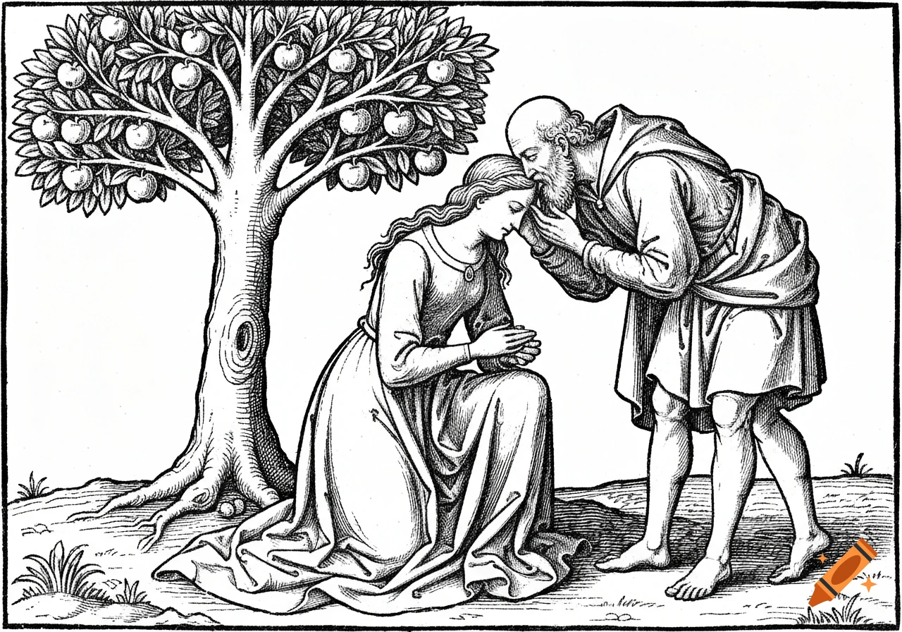 A black and white medieval woodcut shows a bearded man leaning to kiss a kneeling woman's forehead under an apple tree.