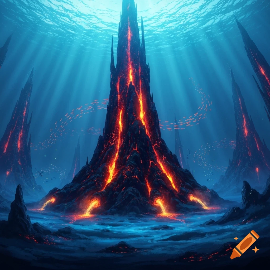 Towering underwater volcanic spires glow with orange lava under bright sun rays in a vibrant fantasy seascape.