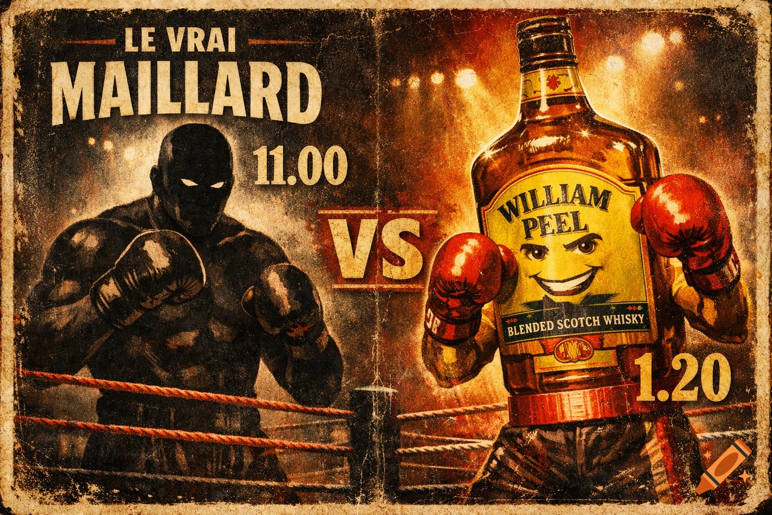 A vintage-style boxing poster shows a dark silhouetted boxer facing off against an anthropomorphic William Peel whiskey bottle wearing boxing gloves. Text reads 'LE VRAI MAILLARD 11.00 VS WILLIAM PEEL BLENDED SCOTCH WHISKY 1.20'.