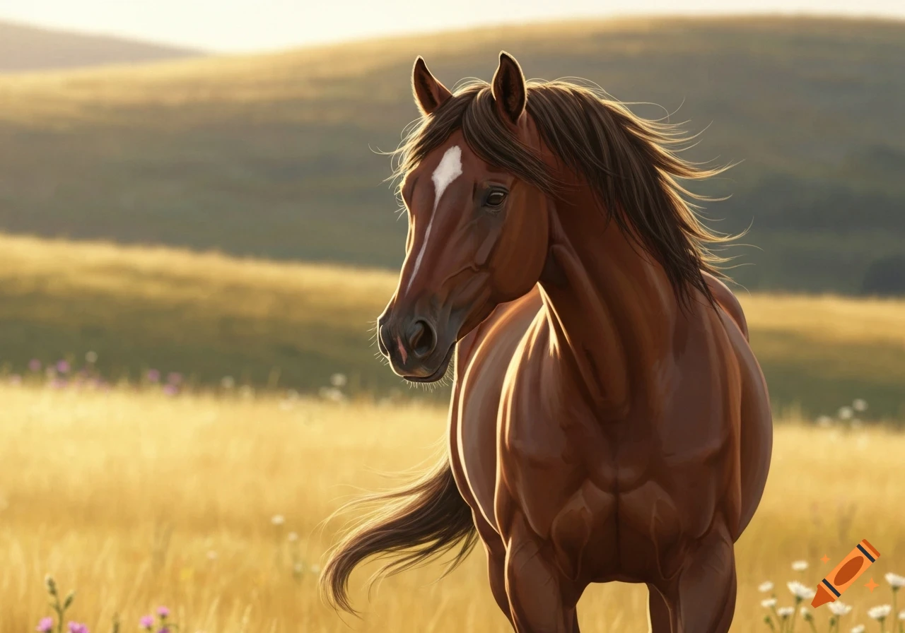 A brown horse with a white blaze stands in a sunlit golden field, looking over its shoulder.