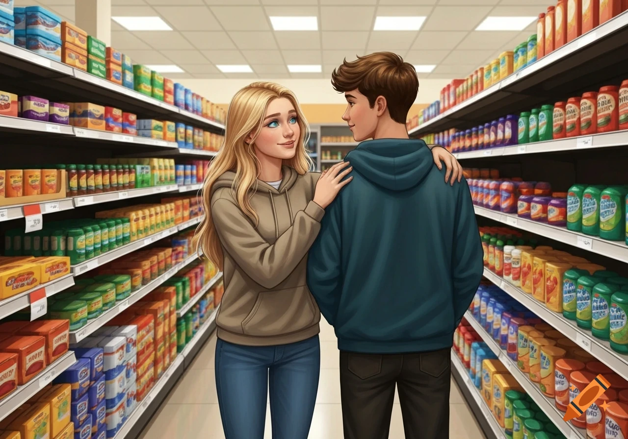 A blonde teenage girl with blue eyes smiles at a brown-haired teenage boy, her arm around his shoulder in a grocery store aisle. Illustrated style.