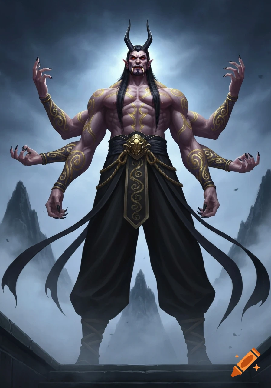 A muscular, multi-armed demonic figure with horns, fangs, and gold tattoos, wearing black pants, standing on a misty mountain.