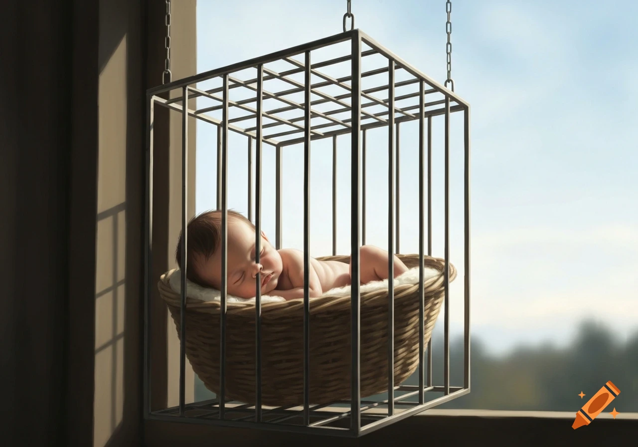 A sleeping baby in a woven basket hangs inside a metal cage by a window, bathed in soft light.