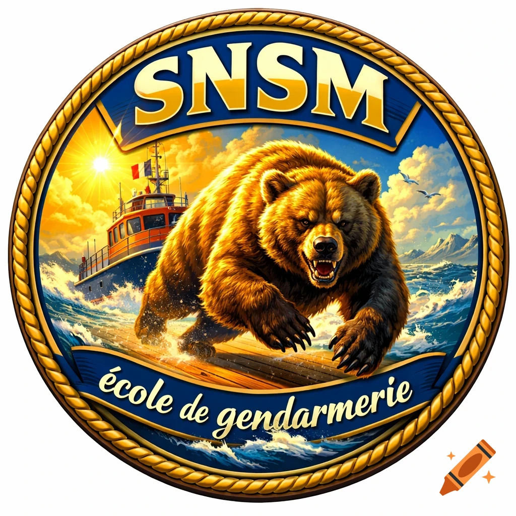 A detailed round emblem featuring a roaring brown bear, a boat on rough seas, sun, mountains, and text 'SNSM' and 'école de gendarmerie'.