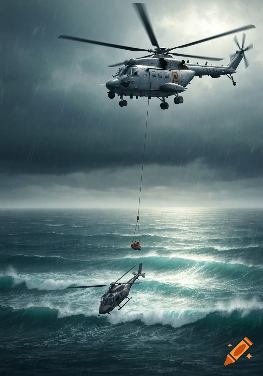 A large grey rescue helicopter hovers above a stormy ocean, winching a basket of people from the rough waves. A smaller dark helicopter is partially submerged in the water below.