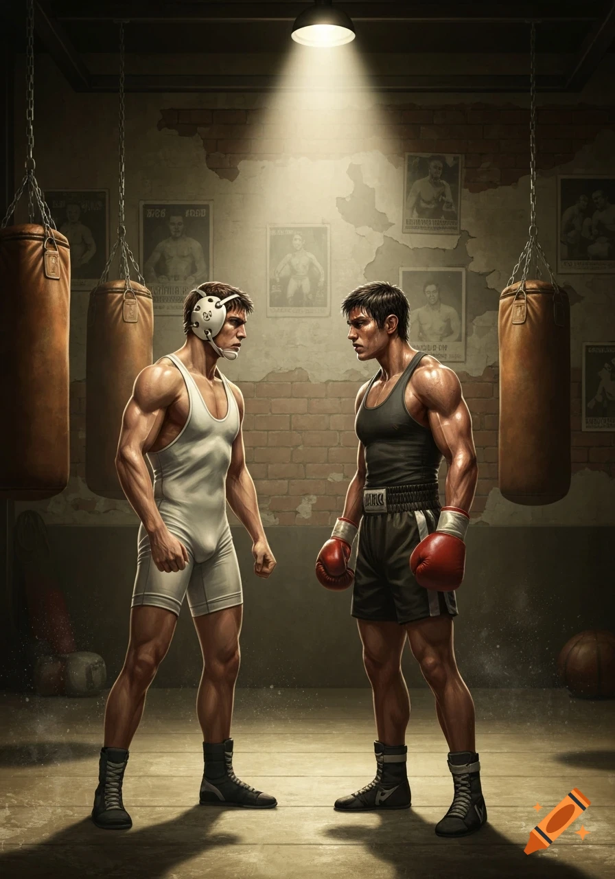 A photorealistic image of a college wrestler in a white singlet facing a boxer in black shorts and red gloves, under a spotlight in an old gym.