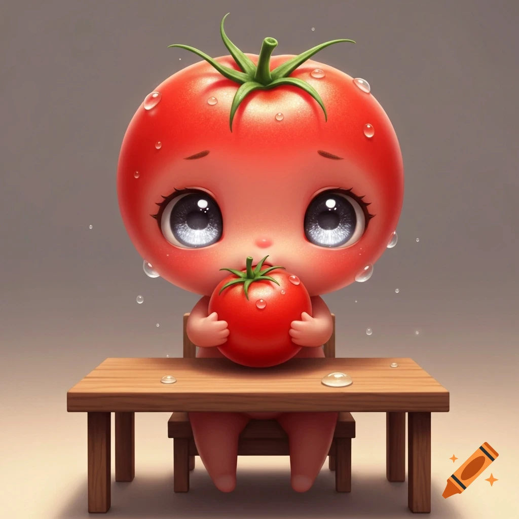 A cute chibi tomato character with big sparkling eyes sits at a wooden table, holding a small tomato.