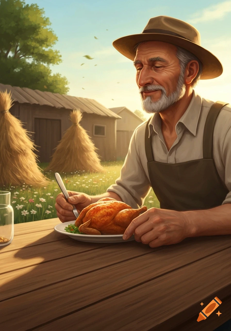 A contented farmer in a hat and apron eats a roasted chicken at a wooden table on a sunny farm.