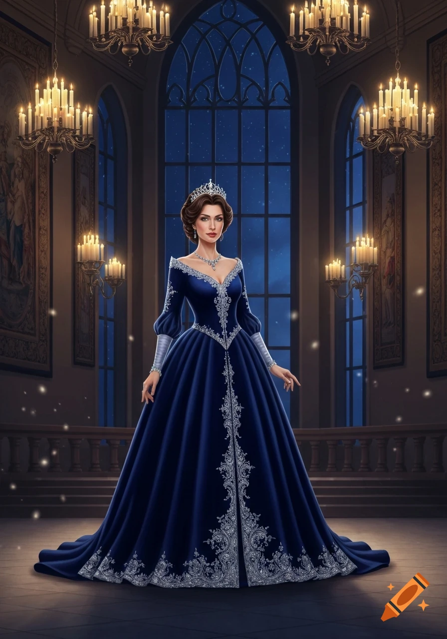 A princess in a navy blue gown and tiara stands in a grand ballroom with chandeliers and large windows overlooking a starry night.
