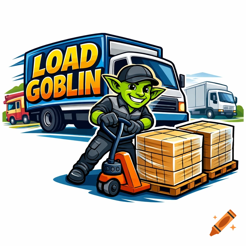 Cartoon logo of a green goblin in a delivery uniform using a pallet jack with shrink-wrapped pallets, in front of a truck with "Load Goblin" on it, with other trucks in the background.